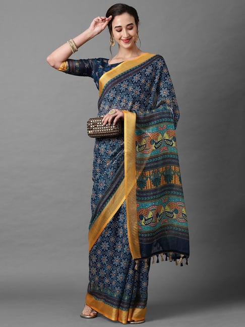 Saree Mall Navy Linen Printed Saree With Unstitched Blouse Price in India