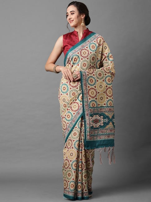 Saree Mall Beige Printed Saree With Unstitched Blouse