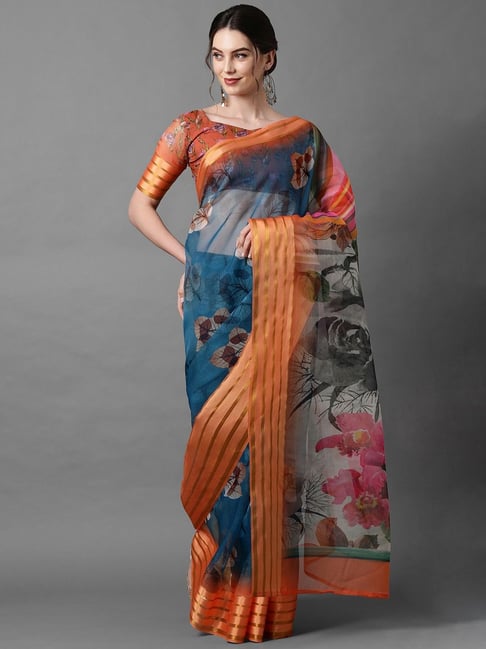 Saree Mall Blue & Orange Floral Print Saree With Unstitched Blouse Price in India