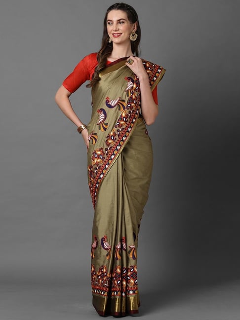 Saree Mall Olive Green Embroidered Saree With Unstitched Blouse Price in India