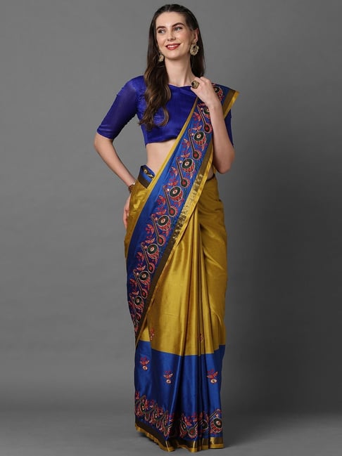 Saree Mall Mustard & Blue Embroidered Saree With Unstitched Blouse Price in India