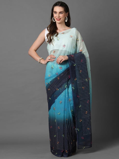 Saree Mall Blue Embellished Saree With Unstitched Blouse Price in India