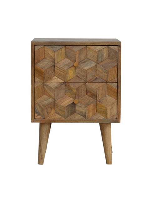 Artisan Furniture Textured Brown Cube Carved Bedside Table With Double Drawers-Artisan Furniture-HomeFurnishing-TATA CLIQ