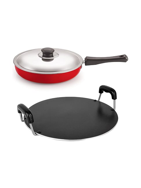 Nirlon Red Aluminium Non-Stick Fry Pan And Round Tawa Cookware Set of 2