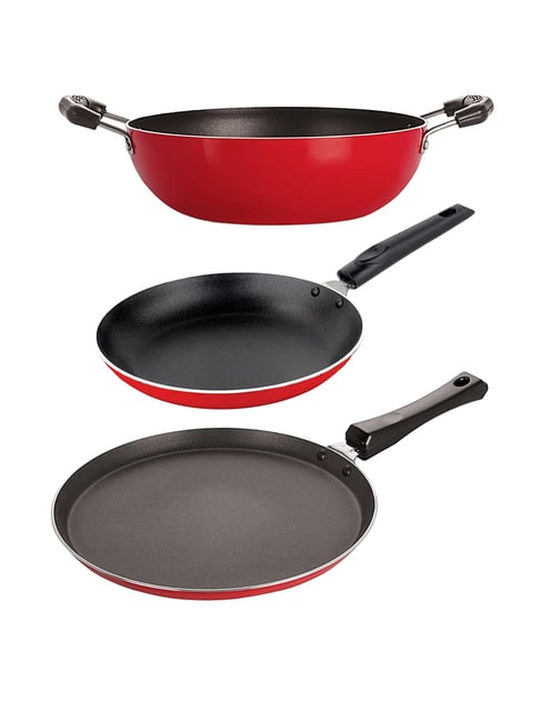 Nirlon Red Aluminium Non-Stick Tawa Kadhai and Tapper Pan Set of 3