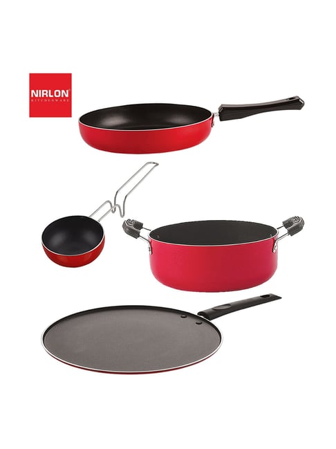 Nirlon Red Aluminium Non-Stick Pots and Pans Cooking Item - Set of 4