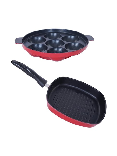 Nirlon Red Aluminium Non-Stick Appam and Grill Pan Combo Cooking Item Set Set of 2-picture-20