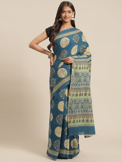 Yufta Blue Cotton Printed Saree With Unstitched Blouse Price in India