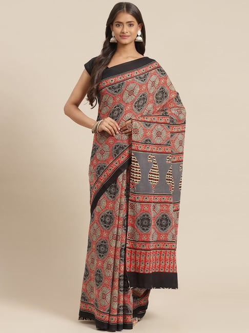 Yufta Red Cotton Printed Saree With Unstitched Blouse Price in India