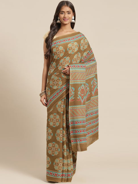 Yufta Olive Green Cotton Printed Saree With Unstitched Blouse