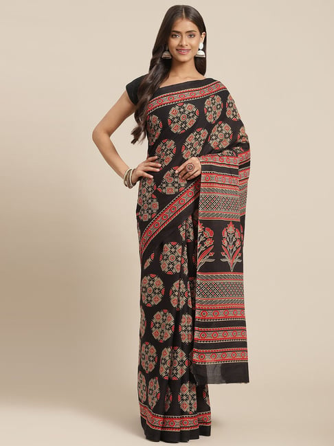 Yufta Black Cotton Printed Saree With Unstitched Blouse Price in India