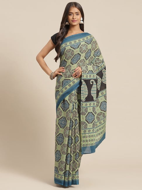 Yufta Green Cotton Printed Saree With Unstitched Blouse Price in India