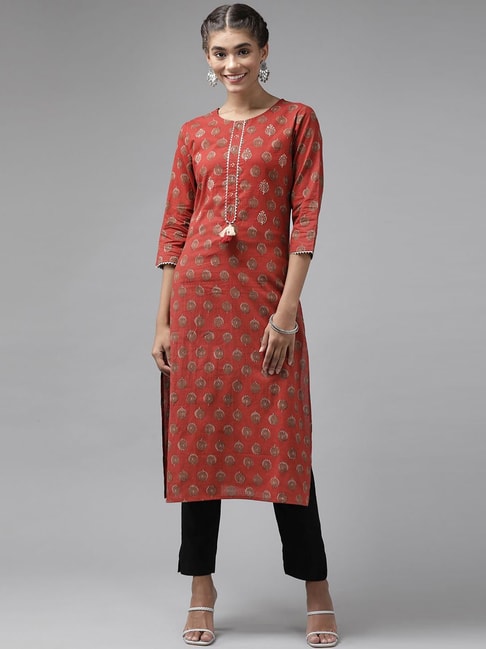 Yufta Red Cotton Embellished Straight Kurta Price in India