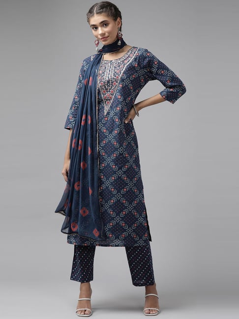 Yufta Blue Cotton Printed Kurta Pant Set With Dupatta