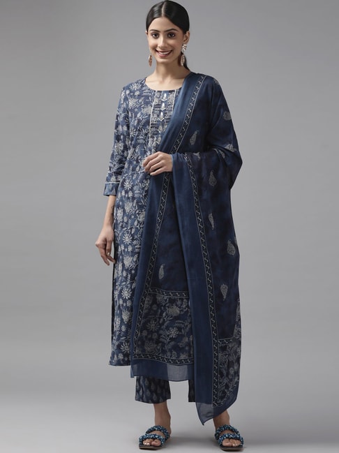 Yufta Blue Cotton Embroidered Kurta Pant Set With Dupatta Price in India