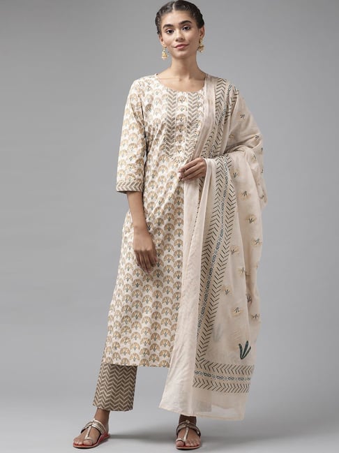 Yufta Beige Cotton Embellished Kurta Pant Set With Dupatta Price in India