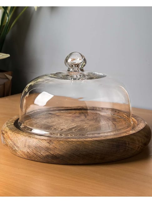 Homesake Brown & Transparent Wooden 24 cm Cake Stand With Glass Dome - Set of 1