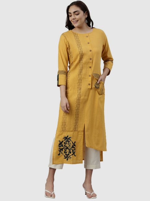 Neerus Yellow Embroidered Straight Kurta Price in India