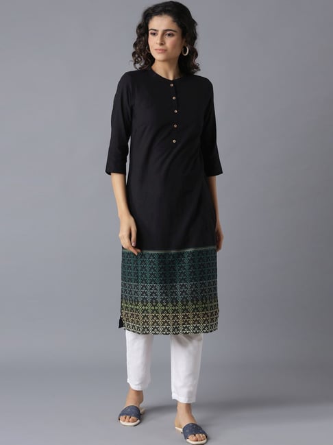 Aurelia Black Cotton Woven Pattern Straight Kurta