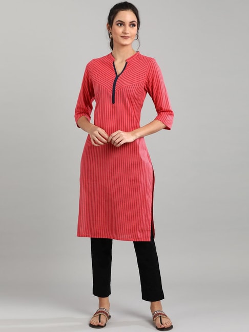 Aurelia Red Cotton Striped Straight Kurta Price in India