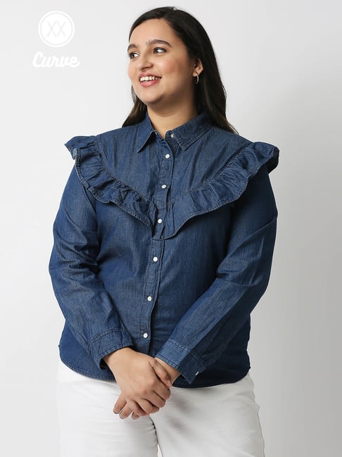 Buy Women Faded Denim Shirt Blue (L) at Amazon.in