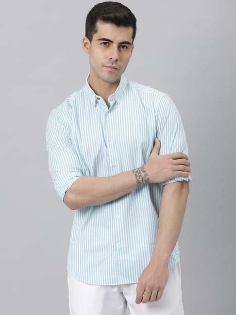 Cerulean with Glacier Blue Casual Stripes Premium Cotton Shirt For Men -  Rare Rabbit Shirts