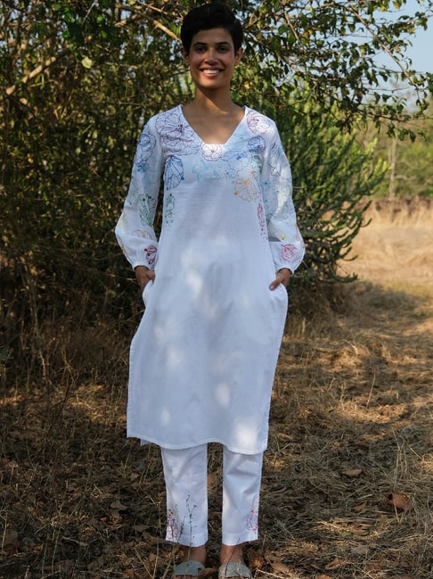 Okhai Vivid Dream White Pure Cotton Hand Embroidered Kurta Pant Set Price in India