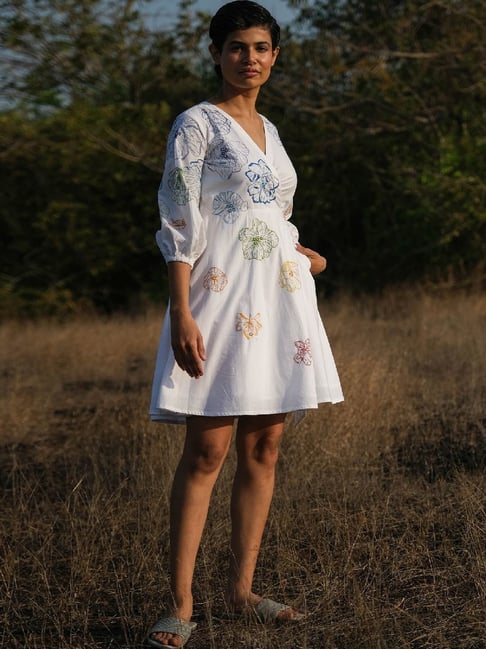Okhai Delilah White Pure Cotton hand Embroidered A-Line Wrap Dress