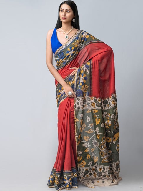 Unnati Silks Red & Green Cotton Printed Saree With Unstitched Blouse Price in India