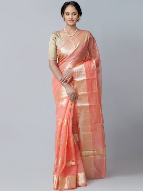 Unnati Silks Preach Silk cotton Woven Saree With Unstitched Blouse Price in India