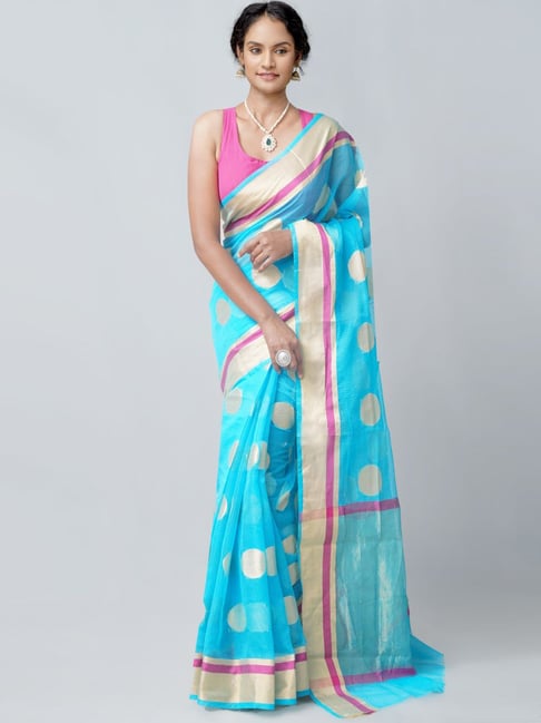 Unnati Silks Sky Blue Silk cotton Woven Saree With Unstitched Blouse Price in India