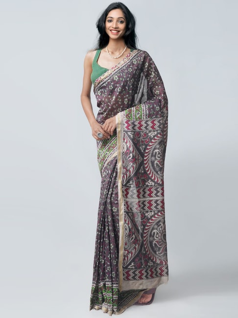 Unnati Silks Black Silk cotton Printed Saree With Unstitched Blouse Price in India