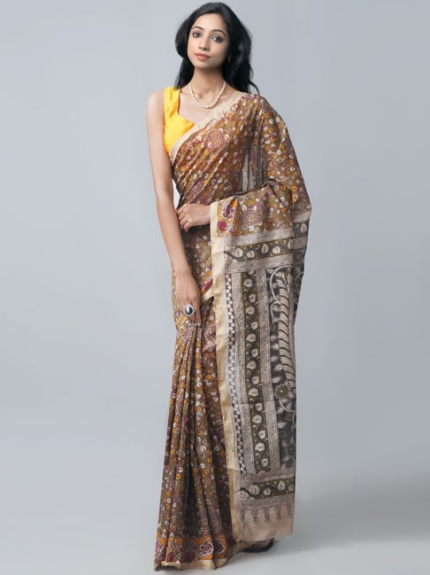 Unnati Silks Brown Silk cotton Printed Saree With Unstitched Blouse Price in India