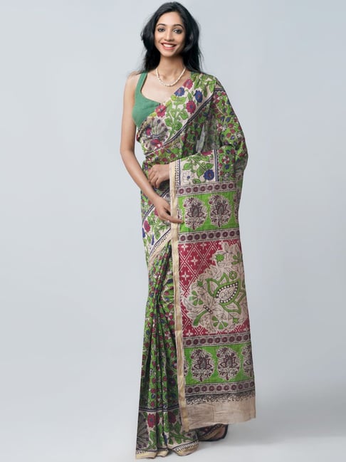 Unnati Silks Green Silk cotton Printed Saree With Unstitched Blouse Price in India