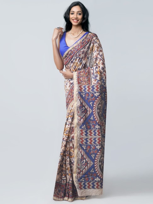 Unnati Silks Cream Silk cotton Printed Saree With Unstitched Blouse Price in India