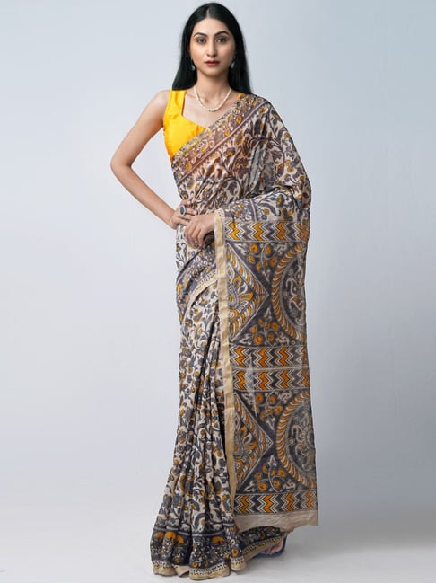 Unnati Silks Cream Silk cotton Printed Saree With Unstitched Blouse Price in India