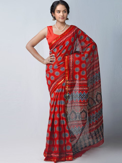 Unnati Silks Red Cotton Printed Saree With Unstitched Blouse Price in India