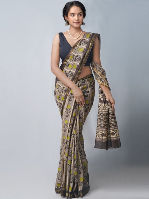 Unnati Silks Brown Cotton Printed Saree With Unstitched Blouse Price in India