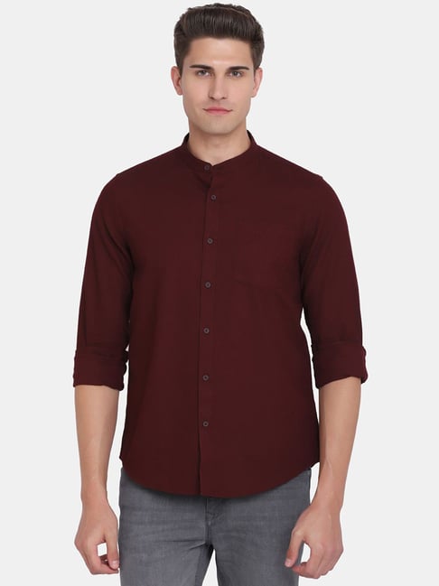 Blackberrys Maroon Cotton Slim Fit Self Pattern Shirts