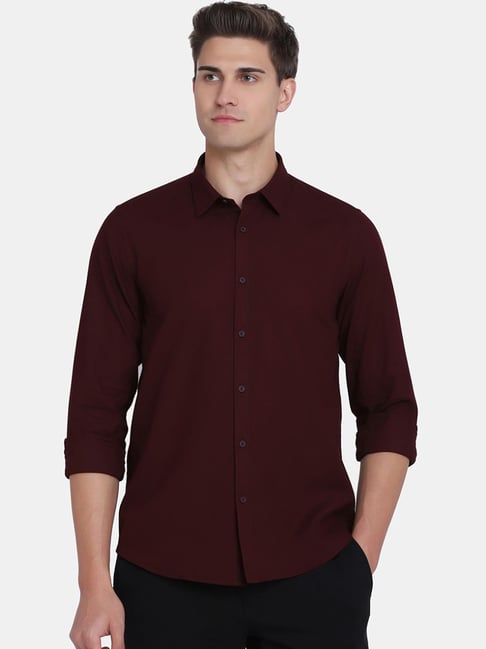 Blackberrys Maroon Cotton Slim Fit Self Pattern Shirts