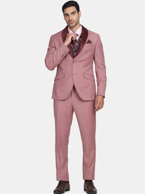 Blackberrys Pink Slim Fit Self Pattern Three Piece Suit