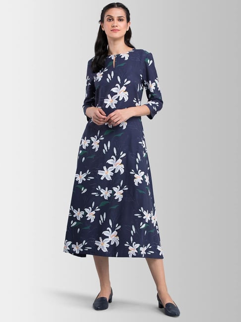 FableStreet Blue Floral Print Midi Dress