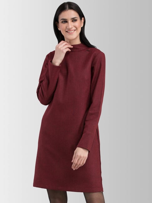 FableStreet Maroon Textured Shift Dress Price in India