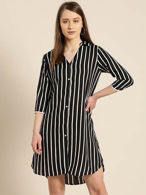 Qurvii Black & White Striped Shirt Dress-image-8