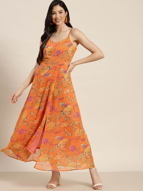 Qurvii Orange Floral Print Maxi Dess-picture-36
