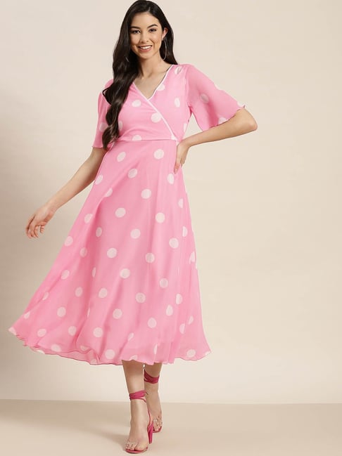 Qurvii Light Pink Polka Dot Maxi Dess Price in India