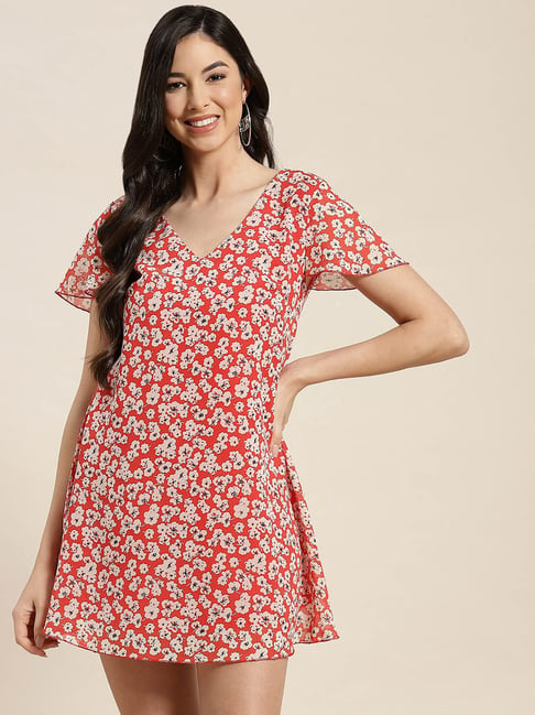 Qurvii Red & Peach Floral Print A Line Dress Price in India