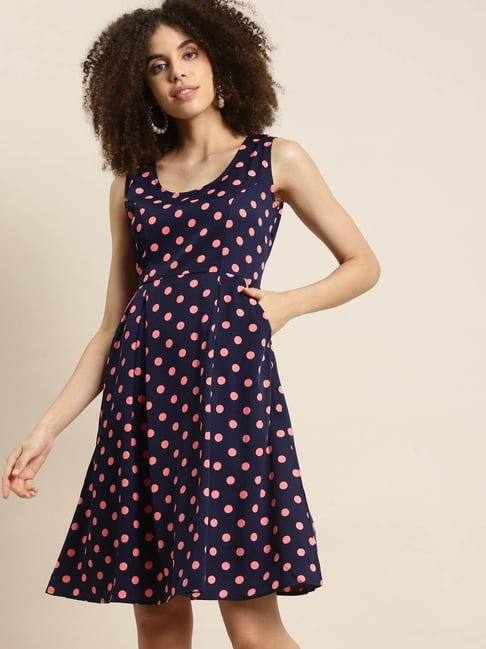 Qurvii Navy & Peach Polka Dot Skater Dress Price in India