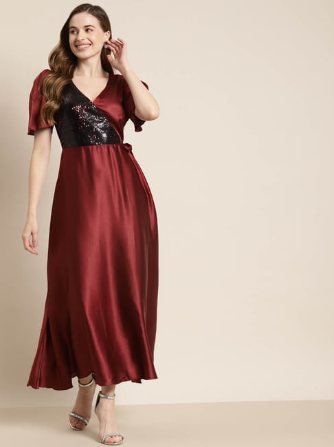 Qurvii Maroon Embellished Maxi Dress Price in India