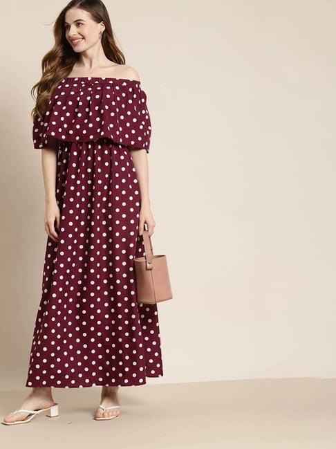 Qurvii Burgundy Polka Dot Maxi Dress Price in India